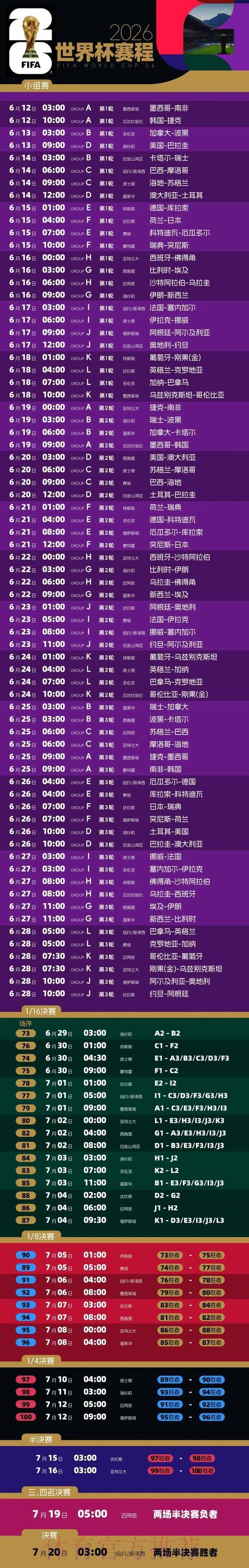 世界杯最新赛程时间表出炉